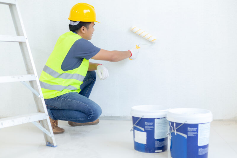painter man work with paint roller wall